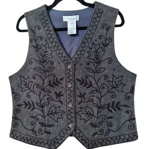 Chris Savare Vest Gray Embroidered Floral Rhinestone Button Front Sleeveless